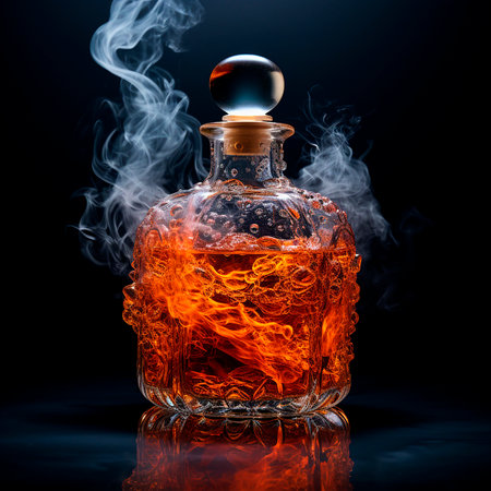 burning bottle of whiskey in smoke on a black background close-up, bottle with alcoholの素材