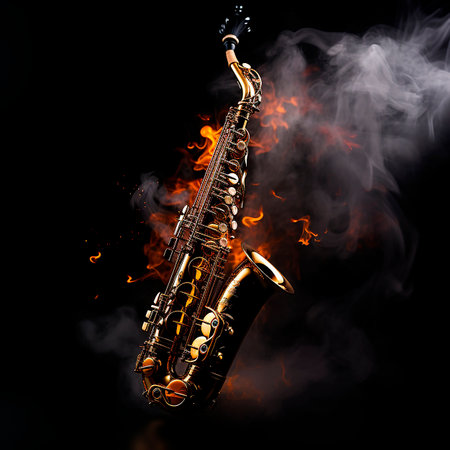 Saxophone in the air on a black background and smoke, classic jazz instrument, background for musical works, albumsの素材
