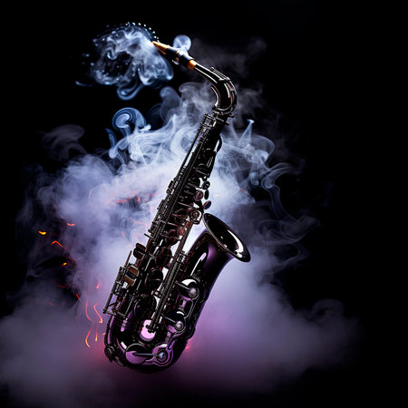 Saxophone in the air on a black background and smoke, classic jazz instrument, background for musical works, albumsの素材