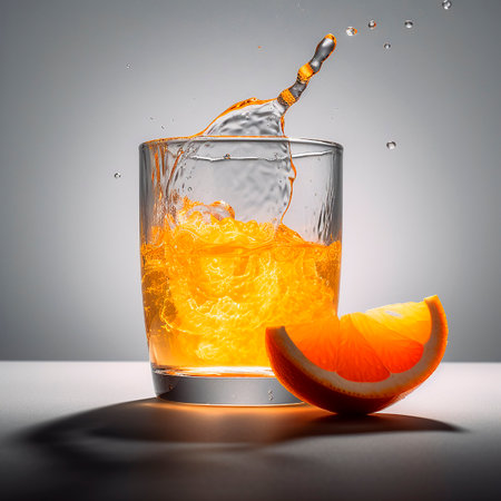 Orange juice. Glass of fresh delicious orange juice and half of fruit isolated on white close-upの素材