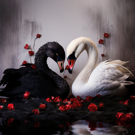 Black and white swans in the shape of a heart on a black background with red roses, love background, vintage retro postcard styleの素材
