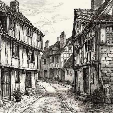 English medieval street, ancient houses, black and white drawing, retro style engravingsの素材