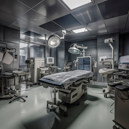 Surgical operating room in a hospital, a lot of medical equipment, large lamps, operating table.の素材