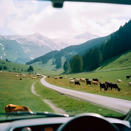 Travel in mountains. View from car window to snow-capped peaks and herd of cows grazing in a meadow, beautiful nature landscape.の素材
