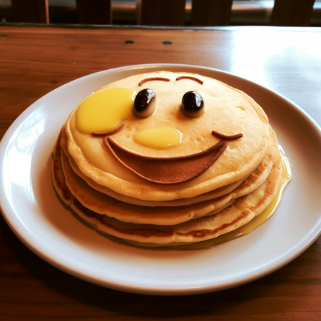 Smiling face, smiley face on a fresh delicious pancake, cheerful dessert, joy, happiness, funの素材