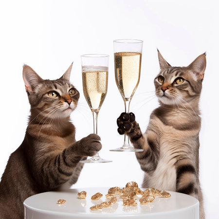 Holiday, anniversary, birthday, congratulations, two cats clink glasses of champagne, close-up on white, creative congratulatory backgroundの素材