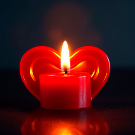 Fire of love, flaming heart, valentines day, red heart shaped candle melts on black backgroundの素材