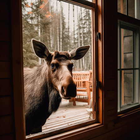 Horse looks into the window of a house, a photo of the head of pet animal from the window, nature enters the houseの素材