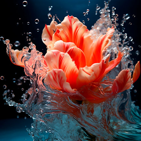 Spring flower for Valentine's Day. A beautiful white-pink tulip flower of an unusual shape in splashes and drops of water. Love floral background.の素材