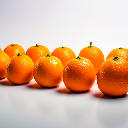 many identical orange ripe oranges in a row on a white background fruit backgroundの素材
