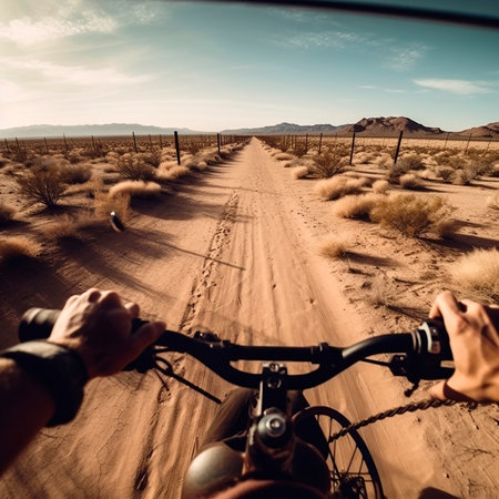 Road in the desert through the eyes of a cyclist, first-person shooting, head-mounted camera, beautiful natural landscape, unusual angleの素材