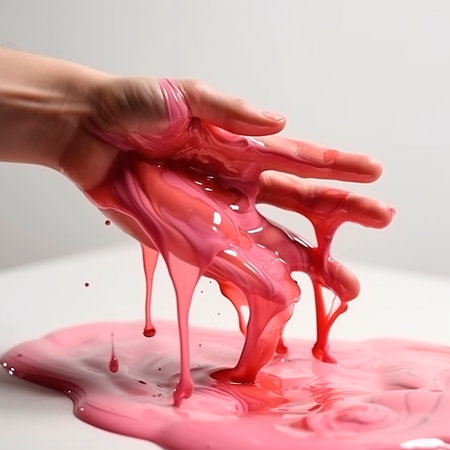 Hand is stained with thick pink viscous mucus, an unpleasant sight, dirt, unsanitary conditions, snotの素材
