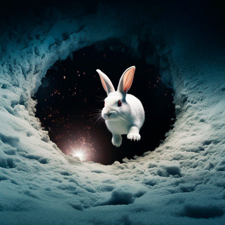 Little cute white rabbit in a long black hole deep in the groundの素材