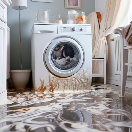 Washing machine breakdown, flood in the kitchen, an accident, an insured event, dirty water on the floor, an accident, breakdown, an unpleasant incident.の素材