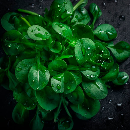 Corn salad background. Lush greenery glistens with dewdrops in the early morning light, providing a contrast with the dark backdrop. The sparkling water accents the vitality of theの素材