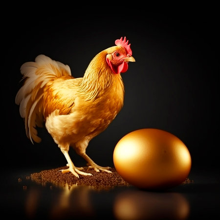 Chicken and golden precious and magical egg, close-up portrait. Fairytale illustrationの素材