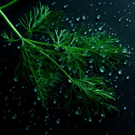 Fresh green sprig of dill with large drops of water on a black background close-up, aromatic herb for salad.の素材