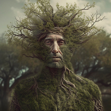 A man standing with a tree sprouting from the top of his head. Tree appears healthy, with green leaves and roots intertwining with the mans hair. hybrid of man and tree, goblinの素材
