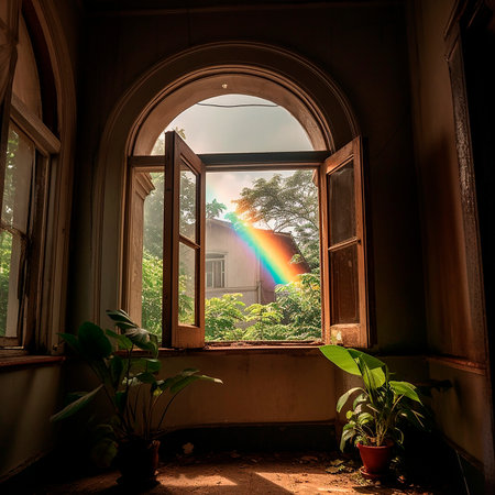 Beautiful summer morning, a rainbow and green branches of tropical trees are visible in the open window, vacation, vacation, travel, relaxation in natureの素材