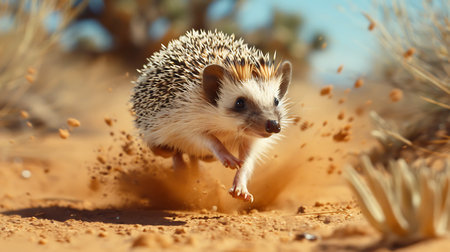 Hedgehog in the desert. Wild, native, European hedgehog (Scientific name: Erinaceus Europaeus)の素材