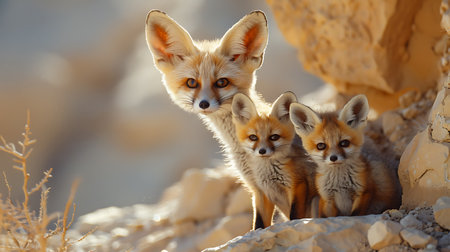Close up of a group of red fox cubs in the desertの素材