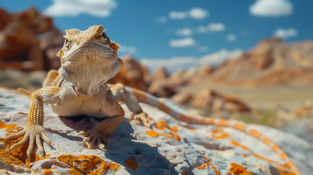 Close-up of a bearded dragon sitting on a rock in the desertの素材