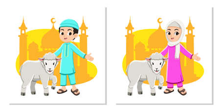 Happy muslim boy and girl with Eid Al-Adha sheep Premium Vectorのイラスト素材