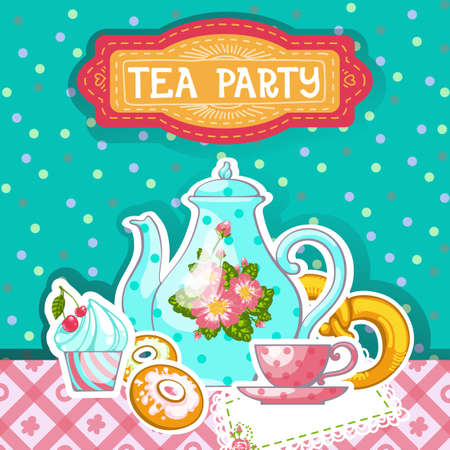 Tea Party  Card with teapot, cup and dessertのイラスト素材