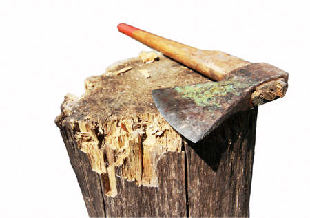 old ax on the old deck close up isolated on whiteの写真素材