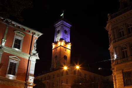 City hall in Lviv, Ukraine by nightの写真素材