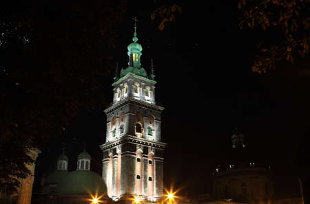 Church of the Assumption in Lviv by nightの写真素材