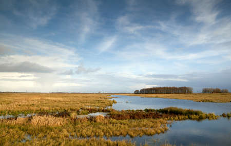 wide angle view on small wild lake and blue skyの写真素材