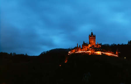 lightned castle in Cochem at nightのeditorial素材