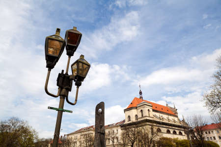 old lantern over blue sky on Svobody ave in Lviv city