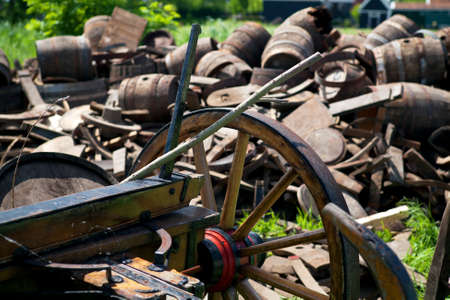 old wooden wheel of cart in Dutch villageの写真素材