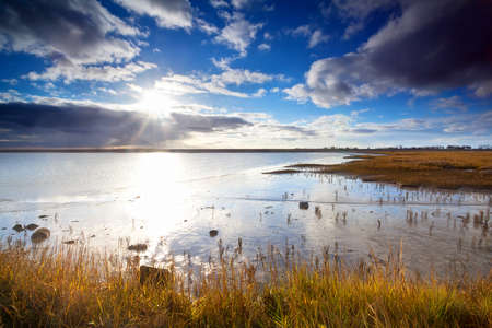 bright sunshine over water of North sea, Moddergat, Netherlandsの写真素材