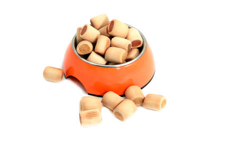 dog dry food - snacks in orange bowl isolatedの写真素材