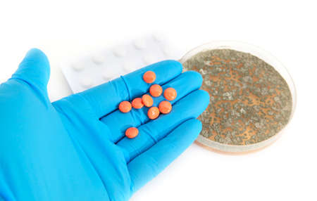 orange pills on arm in glove and fungi over white