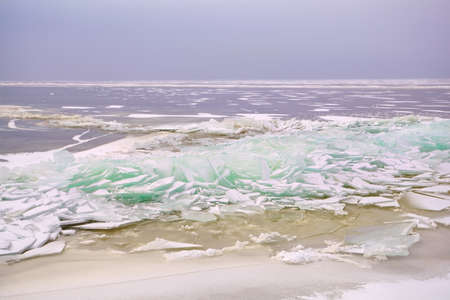 pieces of shelf ice on North sea, Ijsselmeer, Friesland, Netherlandsの写真素材