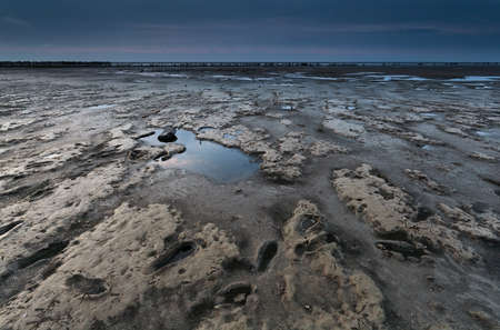 mud on coast during low tide in Nirth sea, Friesland, Netherlandsの写真素材