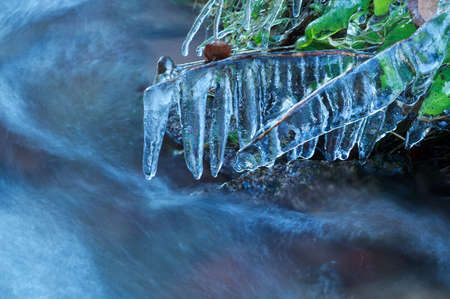icicles by mountain river in winter, Germanyの写真素材