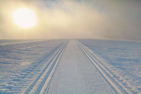 ski path on snow at sunrise, Feldberg, Badden-Wurttemberg, Germanyの写真素材