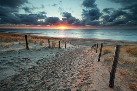 sand path to North sea beach at sunset, Netherlandsの写真素材
