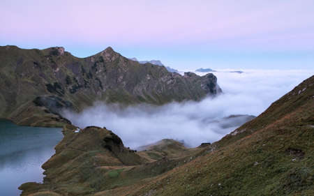 fog sea in morning mountains at sunriseの写真素材