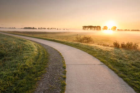 cycling road in Dutch countryside at misty sunriseの写真素材