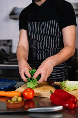 detail of the hands of a young male chief, cutting food in a professional kitchen.の写真素材