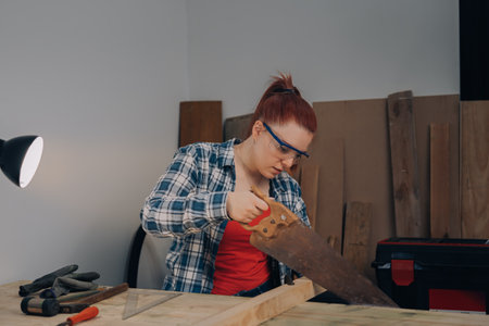 young red-haired woman carpenter, sawing a plank of wood in her small workshop.の写真素材