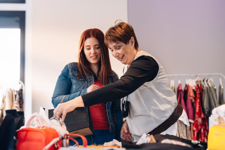 old woman and young woman buying clothes in a fashion shop. grandmother and granddaughter enjoy a day of shopping.の写真素材
