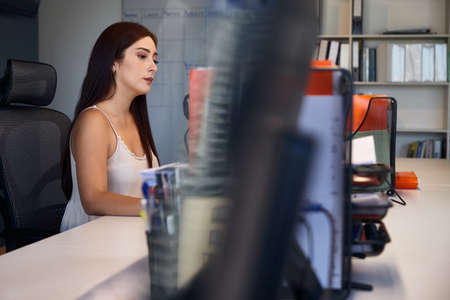 young, beautiful and empowered female entrepreneur, working in the office on her business, business concept and womanの写真素材