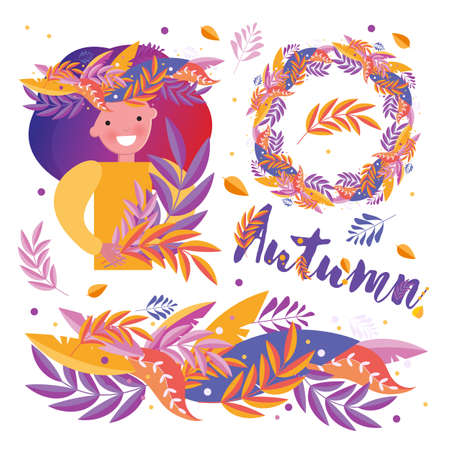 Stylish autumn set of elements, border, wreath, ornament, a girl in a wreath holding leaves in her hands. Composition for autumn bright design. Vector objects on a white isolated background. Autumn leaves and flowers.のイラスト素材